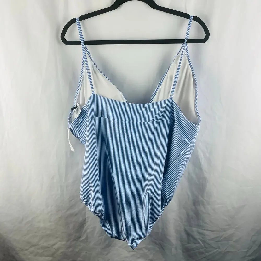 J. Crew Seersucker White Blue Striped Plunge‎ One-Piece Swimsuit Size 24 NWT